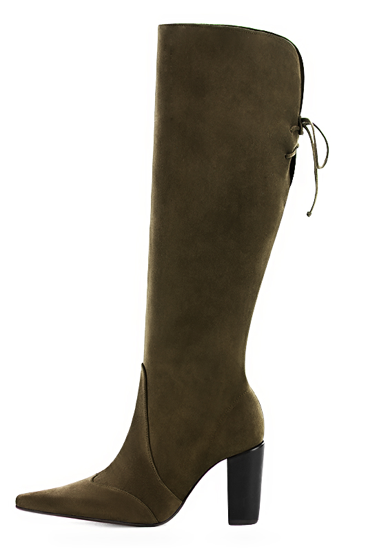 Khaki green women's knee-high boots, with laces at the back. Pointed toe. High block heels. Made to measure. Profile view - Florence KOOIJMAN